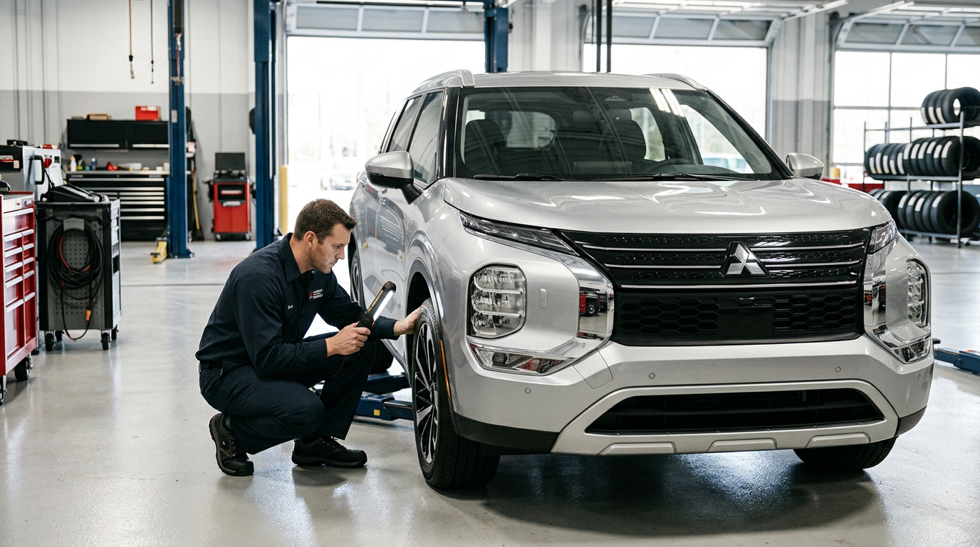 Mechanic inspecting the front tire of a silver Mitsubishi SUV using a work light in a clean service shop. (Representative image for illustration purposes only. Actual vehicle may vary based on trim and configuration.)