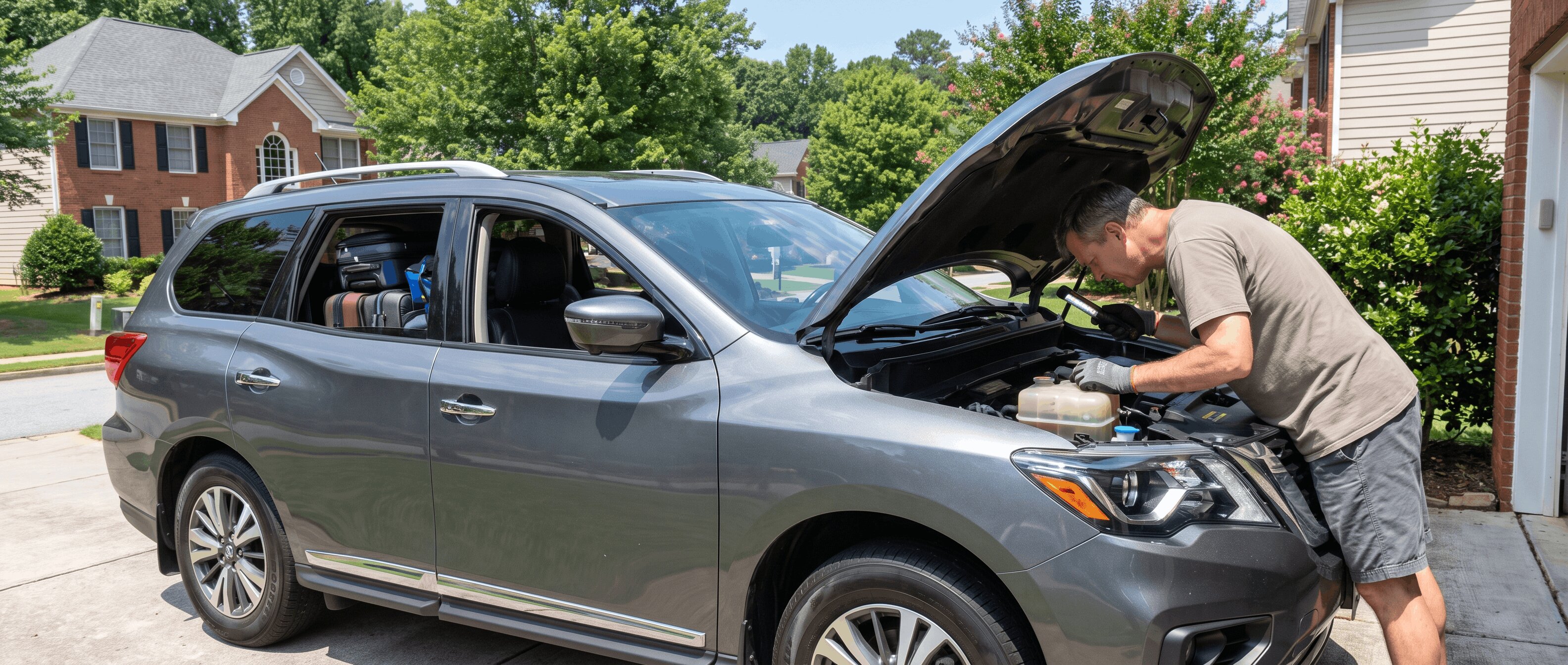 Nissan SUV with hood open for pre-road-trip fluid check in a Roswell, GA suburban driveway on a summer morning