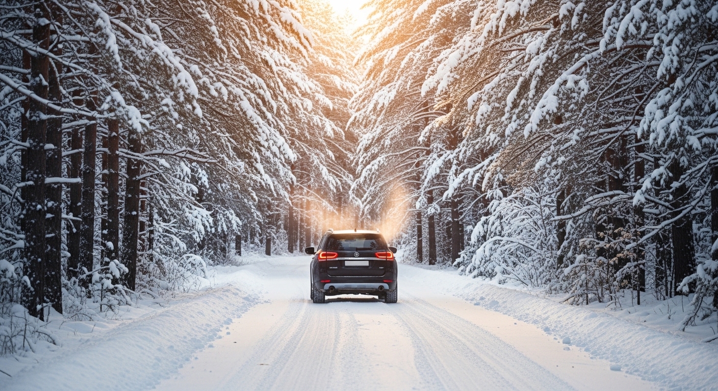 SUV driving in snowy winter conditions