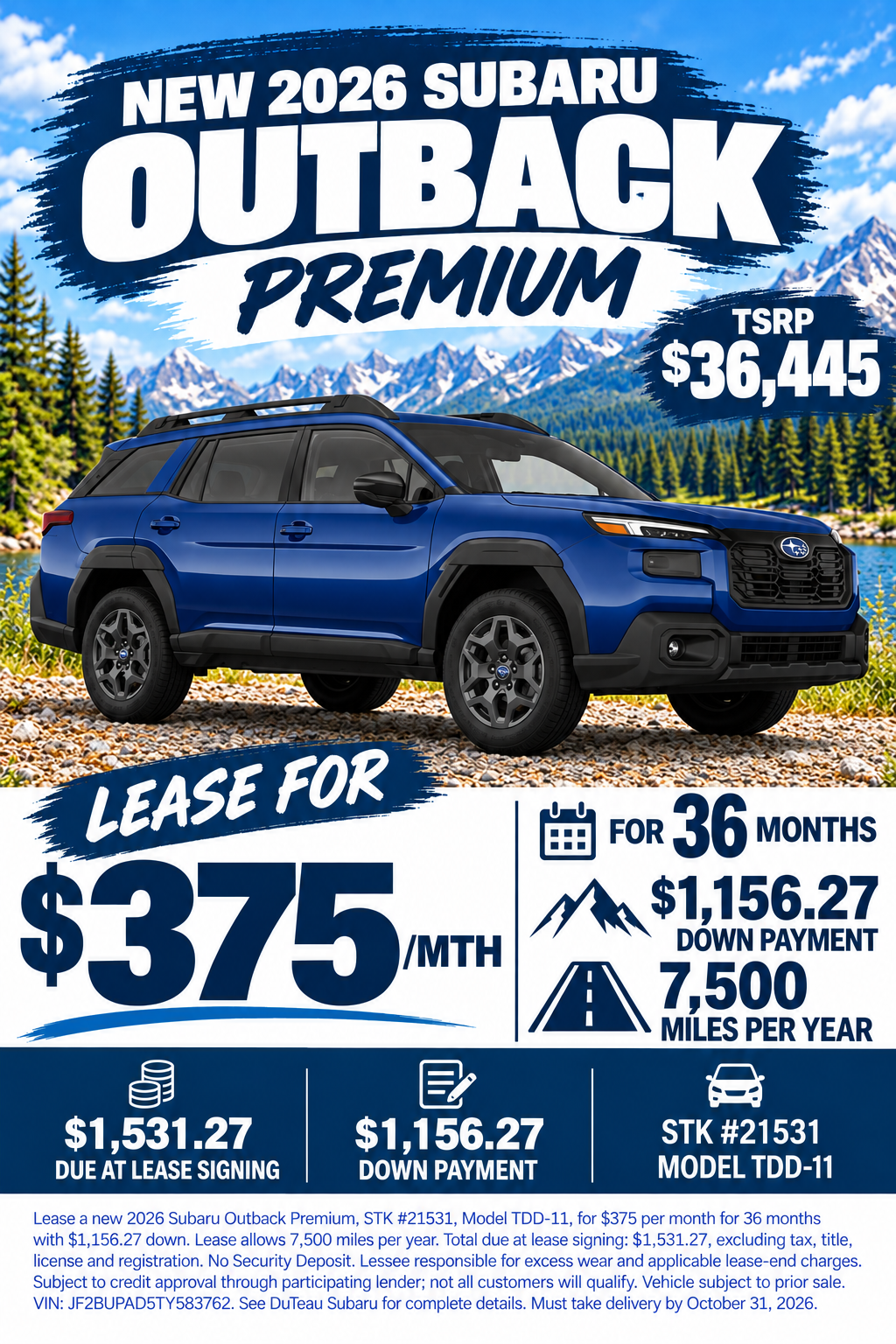 2026 Subaru Outback Premium Adventure Ad with disclaimer text