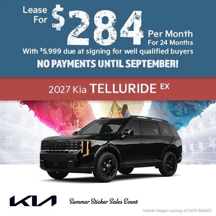 2027 Kia Telluride EX Lease for $284 per month with $5,999 due at signing for well qualified buyers