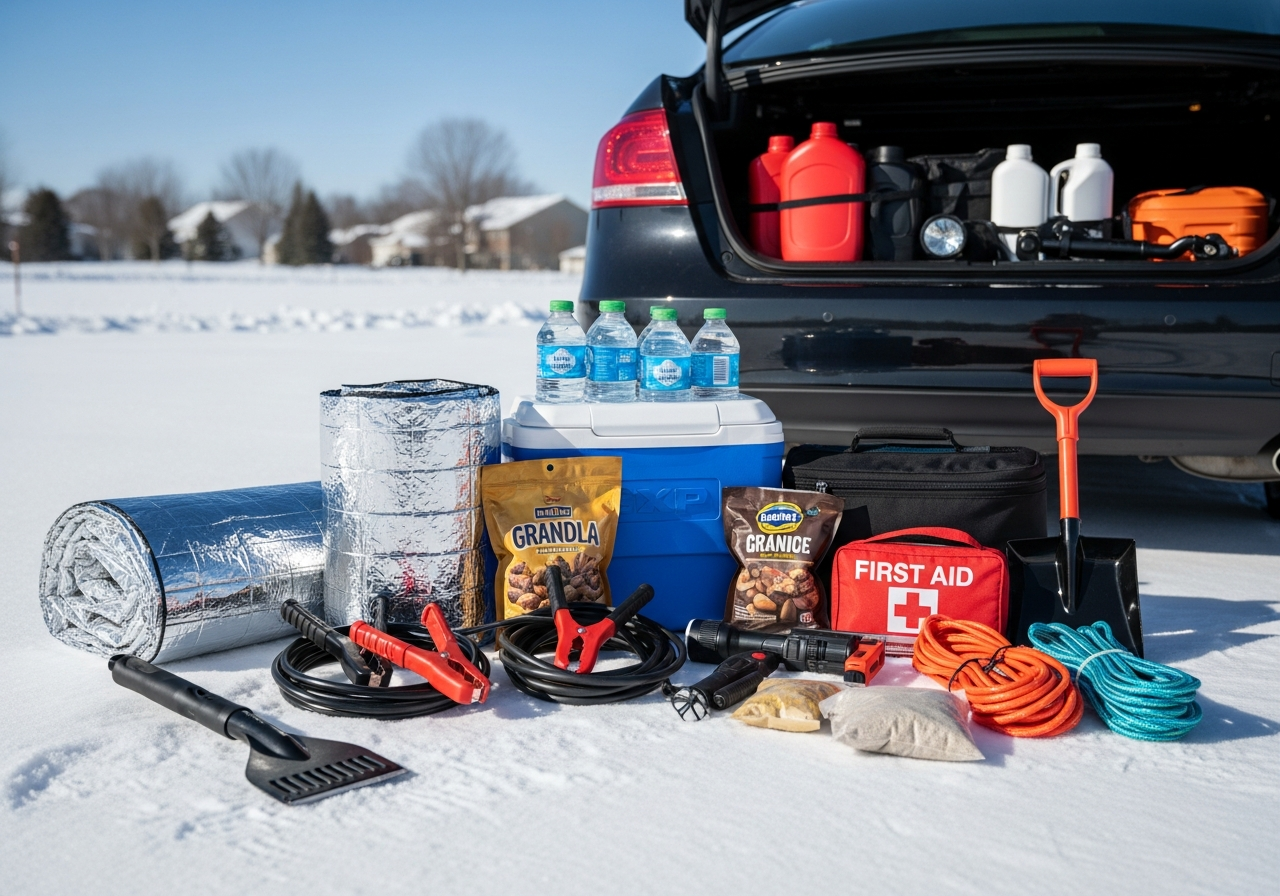 SUV driving carefully on a snow-covered mountain road