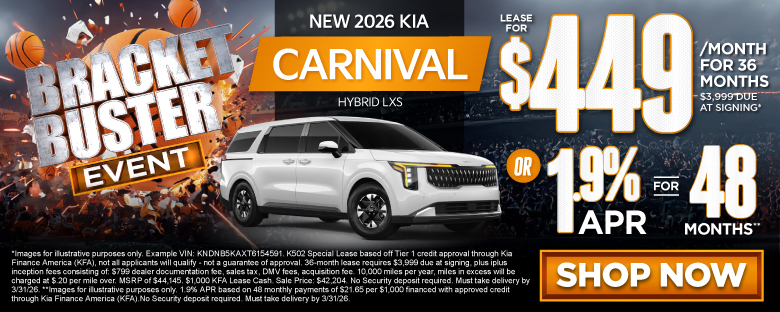 2026 Kia Carnival Hybrid LXS	"Lease for $449/mo for 36 months $3,999 due at signing* OR 1.9% APR for 48 months**"