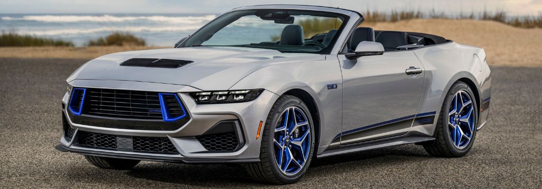 Silver 2024 Ford Mustang Convertible at the Beach with California Special Package