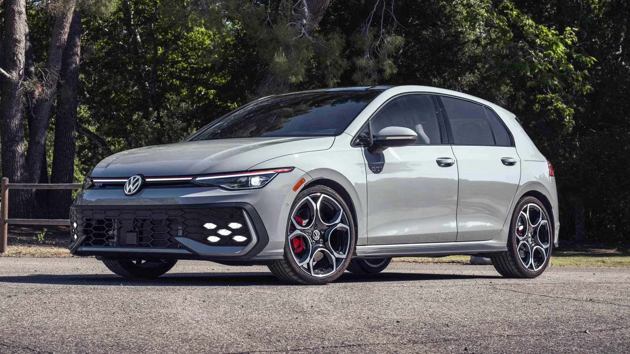2027 Volkswagen Golf GTI in gray, front three-quarter view