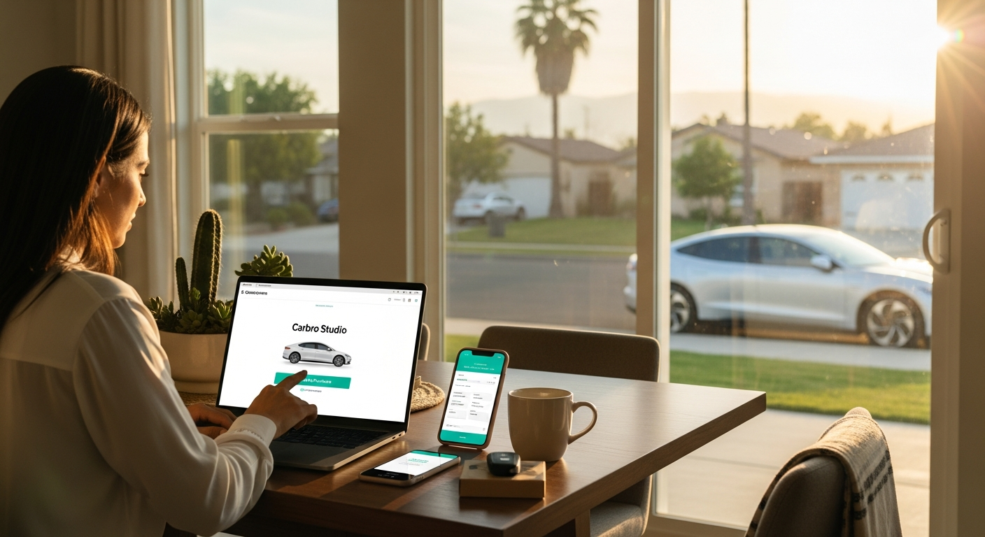 Woman finalizing an online car purchase from home in Fresno, CA