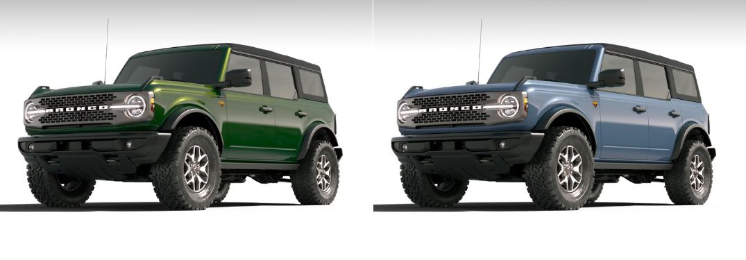 Eruption Green Metallic and Azure Gray 2025 Ford Bronco Models on White Background