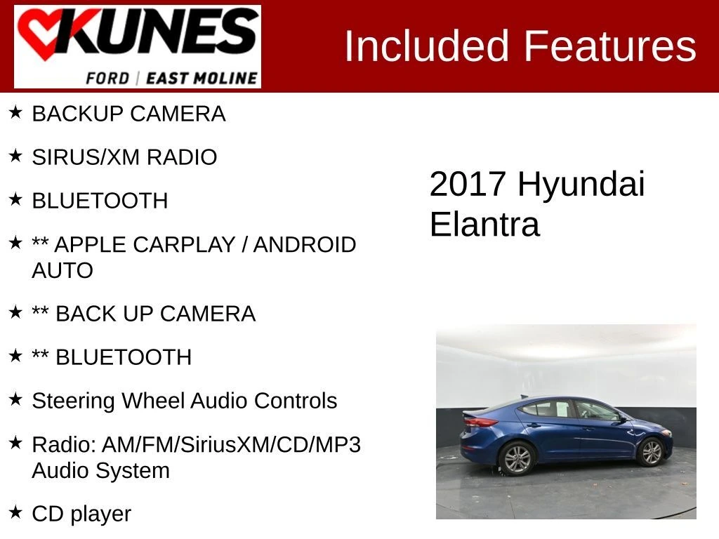 Used 2017 Hyundai Elantra SE with VIN 5NPD84LF3HH101002 for sale in East Moline, IL