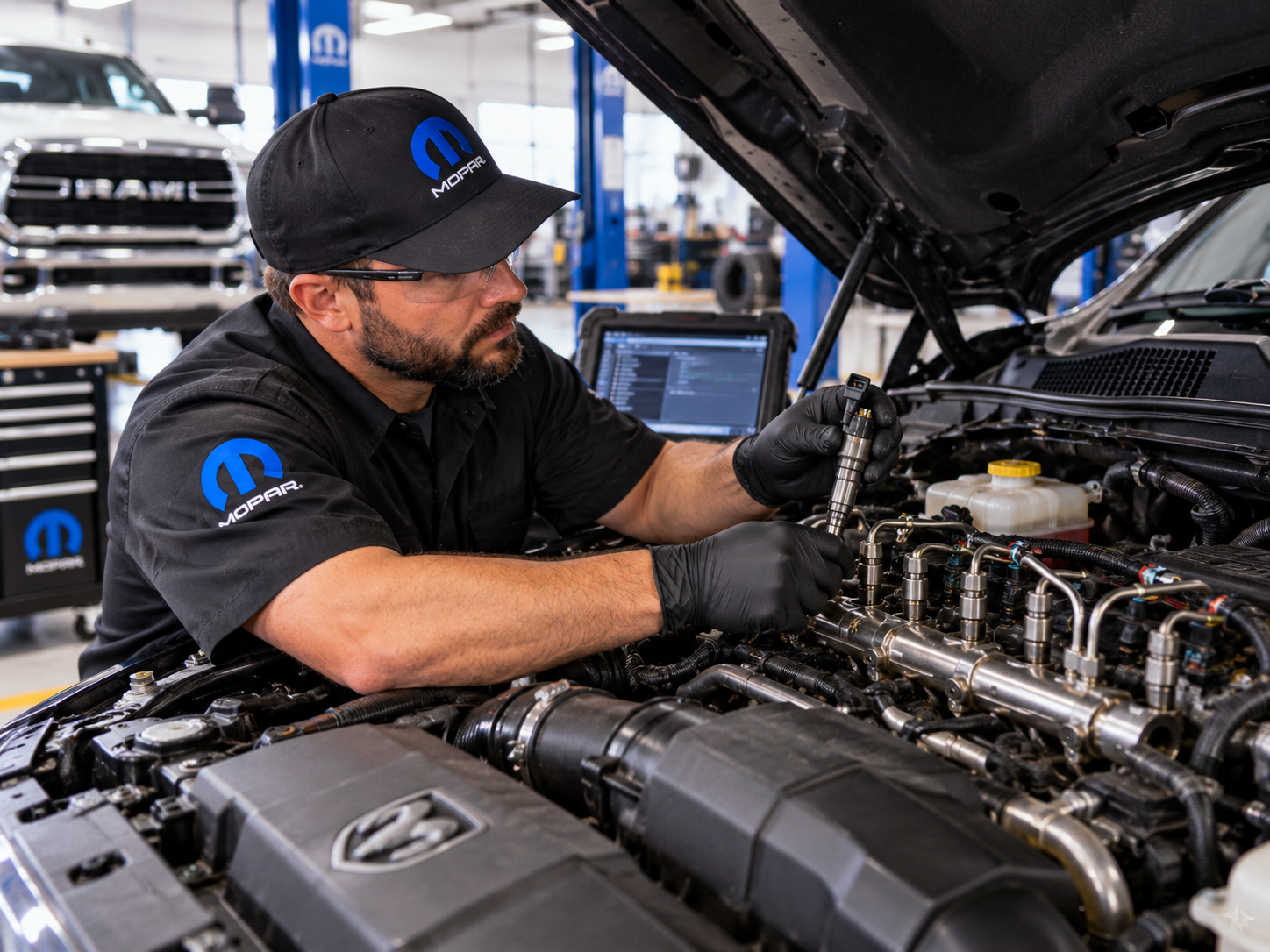 Mopar technician inspecting diesel fuel injectors on a RAM heavy-duty truck at Bonham Chrysler