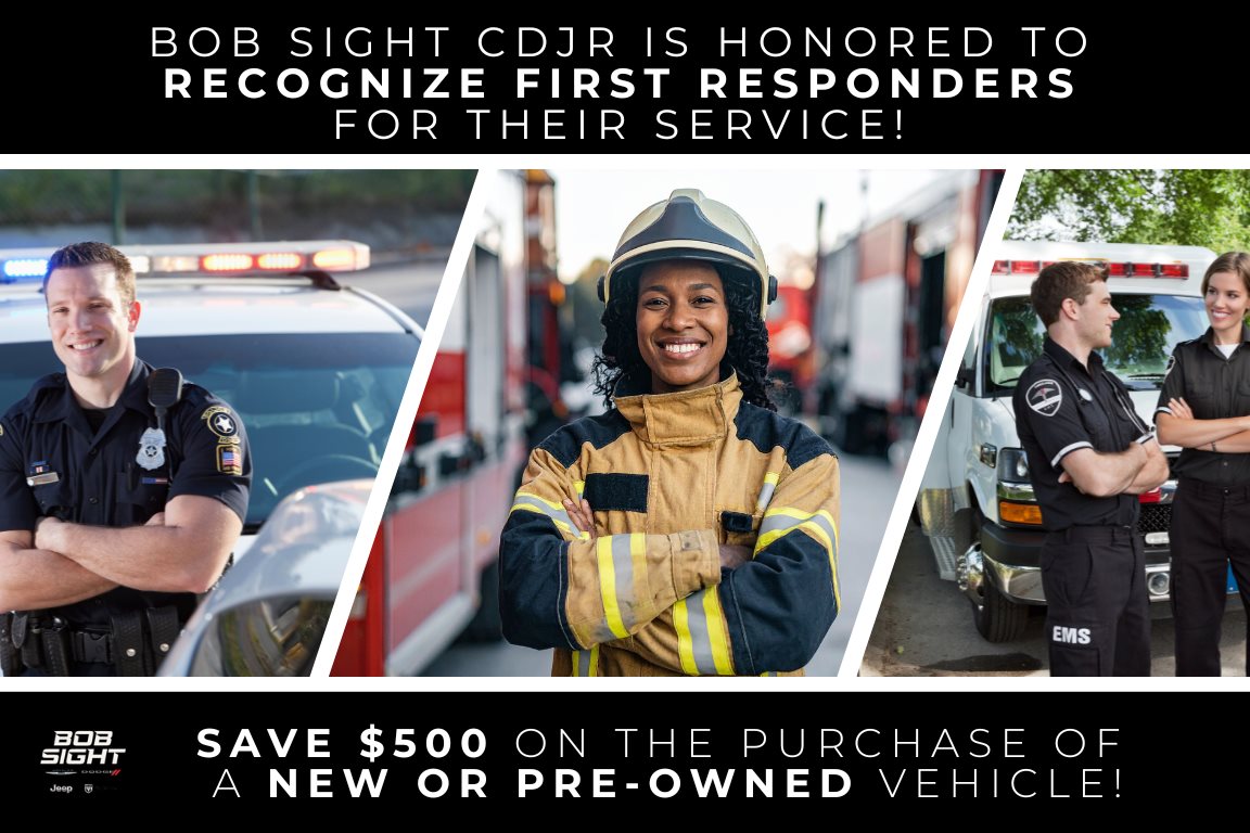 First responder discounts at Bob Sight CDJR in Lawrence Kansas serving police firefighters EMTs paramedics Topeka Eudora Baldwin City and Kansas City Jeep Ram Dodge Chrysler shoppers