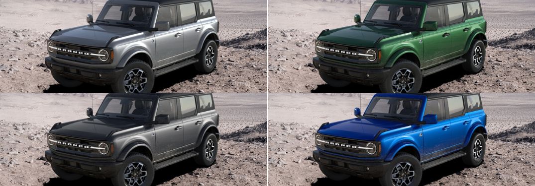 Iconic Silver Metallic, Eruption Green Metallic, Carbonized Gray Metallic and Velocity Blue Metallic 2024 Ford Broncos