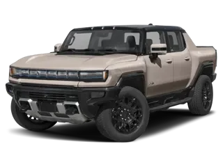 Front three-quarter studio view of a tan electric pickup truck with a light-bar style grille, portal-cutout doors, and black off-road wheels, on a white background; no legible brand badge visible