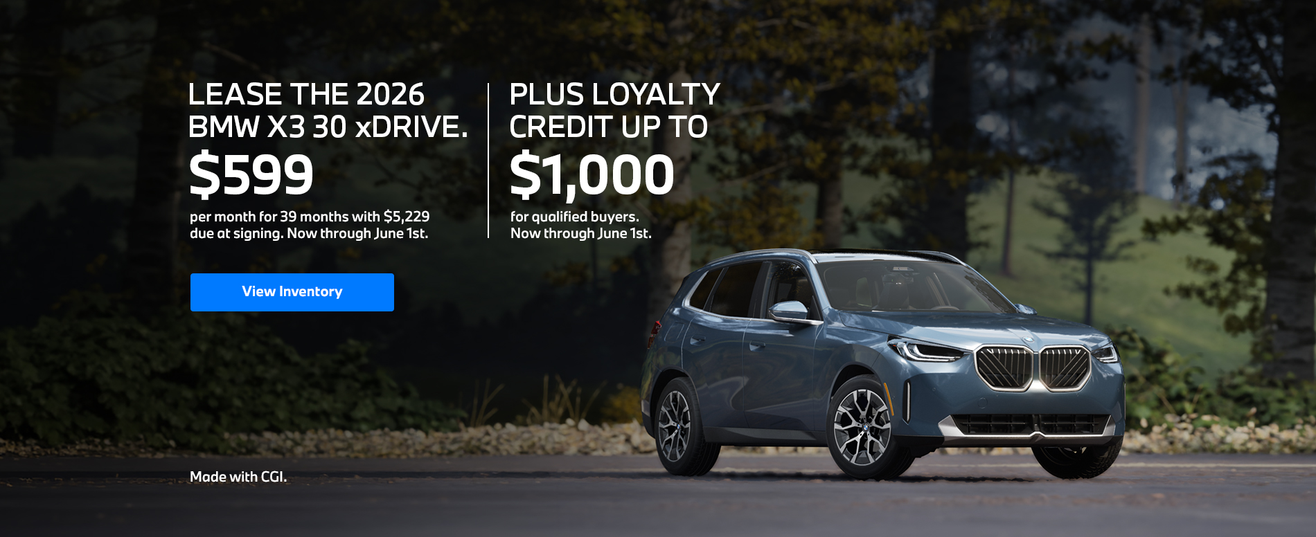 2026 X3 lease starting at $599 per month for 39 months