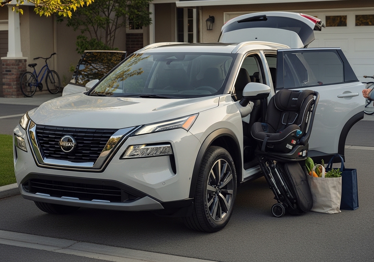 2026 Nissan Rogue parked in a suburban driveway, highlighting its family-friendly design