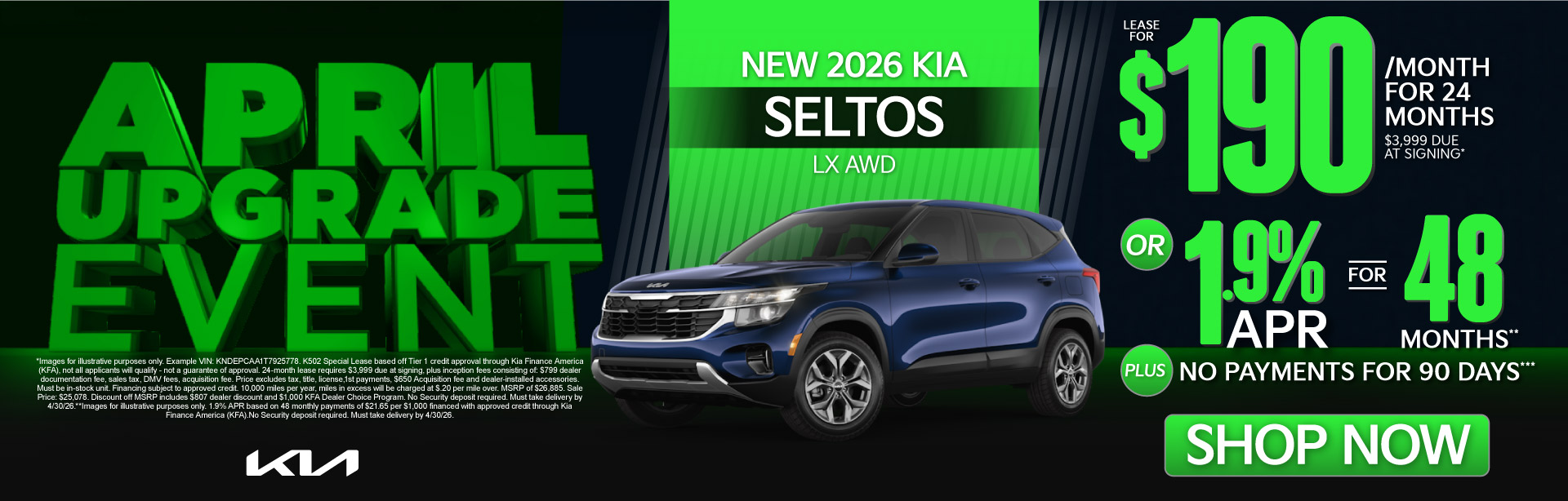 NEW 2026 Kia Seltos LX AWD	"LEASE FOR $190/MO with $3,999 due at signing* OR 1.9% APR for 48 months** PLUS, NO PAYMENTS FOR 90 DAYS***"