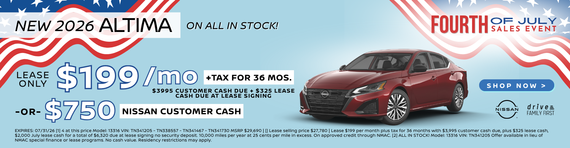 2026 Altima Lease $199/mo. for 36 mos. or $750 Nissan Customer Cash 