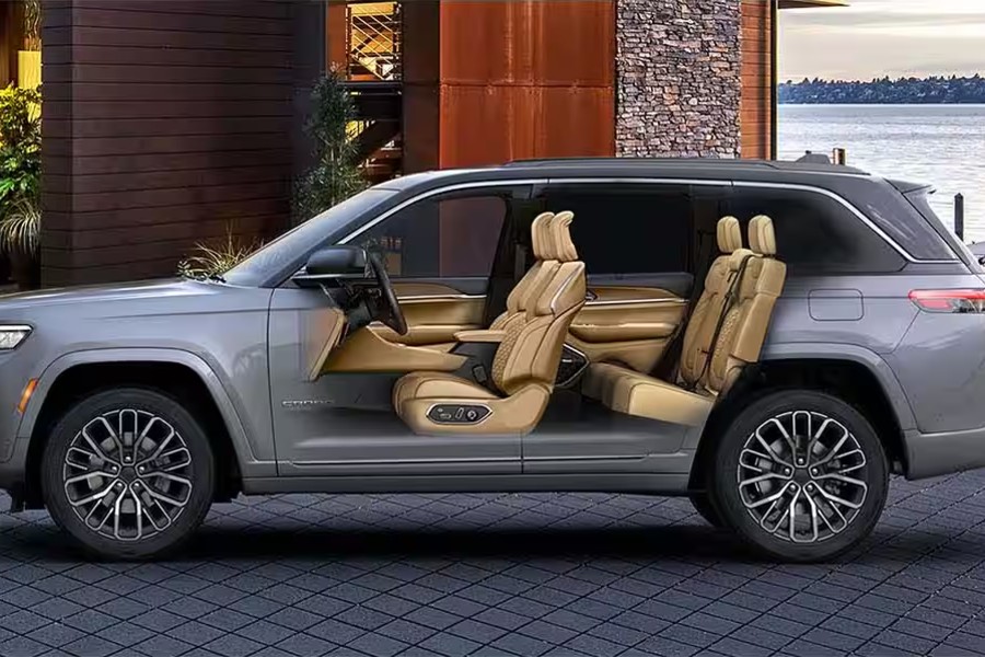 2026 Jeep Grand Cherokee Exterior Driver Side Front Profile with Cutaway to Show Interior Cabin Seating