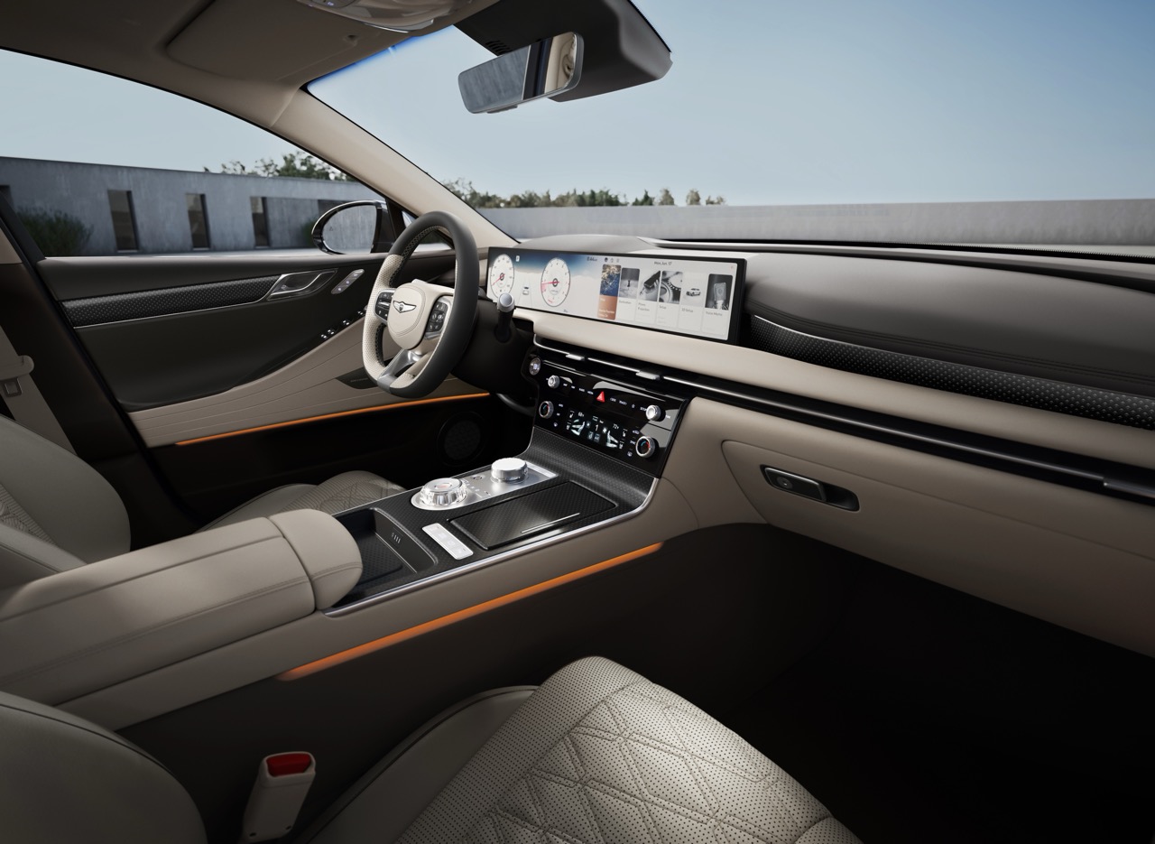 Genesis G80 interior with Ash Gray and Vanilla Beige leather, wide digital display and refined center console