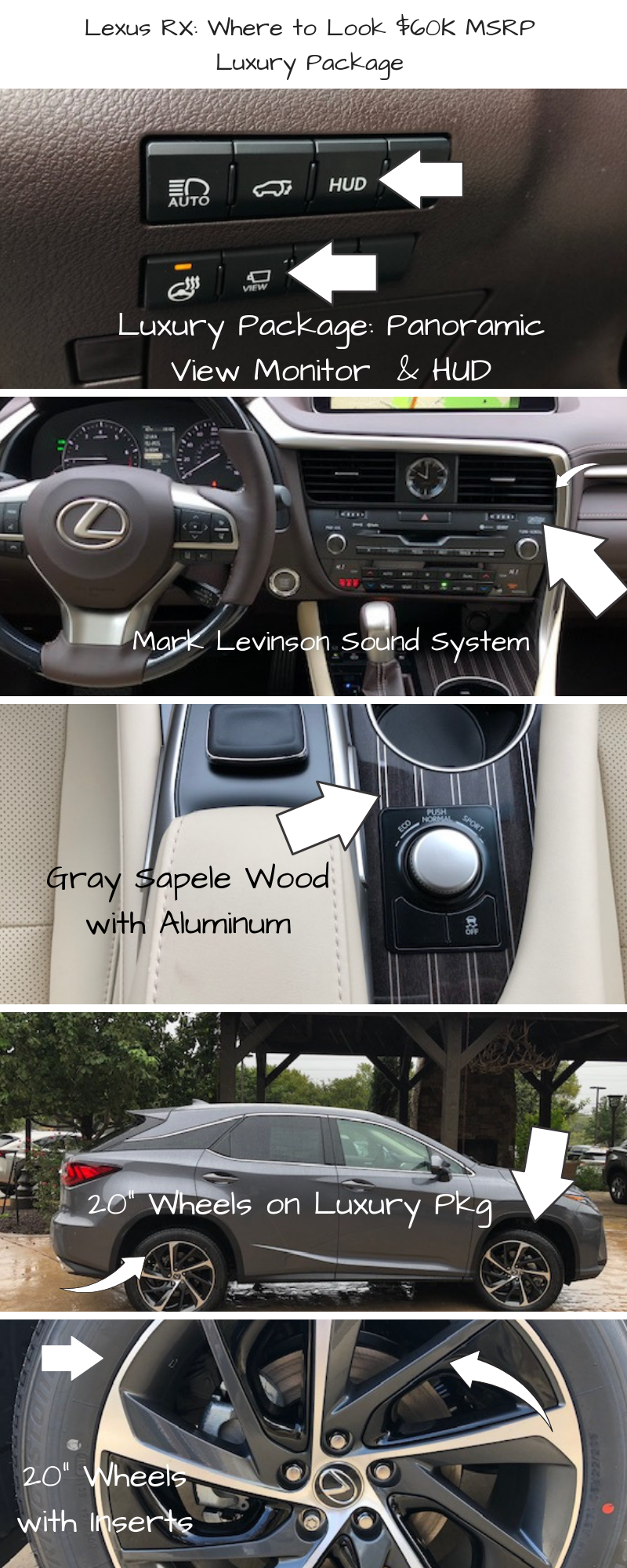 How to tell if you’re looking at the Luxury Package on the 2019 Lexus RX: Look if the upgraded wheels have color inserts, the triple beam LEDS, Mark Levinson Sound System and Gray Sapele wood all tell you that the RX has the Luxury Package.