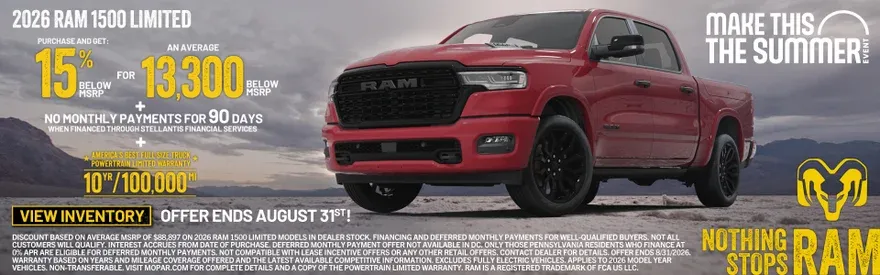 2026 RAM 1500 Limited: 15% below MSRP, avg. $13,300 savings, and no payments for 90 days during the Summer Event