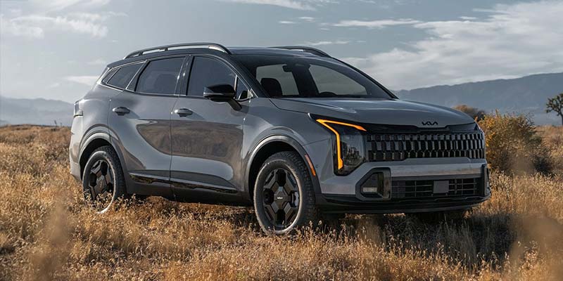 Kia Sportage parked in a grassy field under a clear blue sky, showcasing its sleek design and modern features.