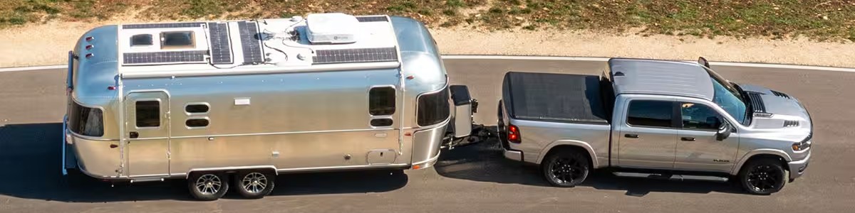 2025 RAM 1500 Exterior Passenger Side Aerial Profile while Towing Mobile Home