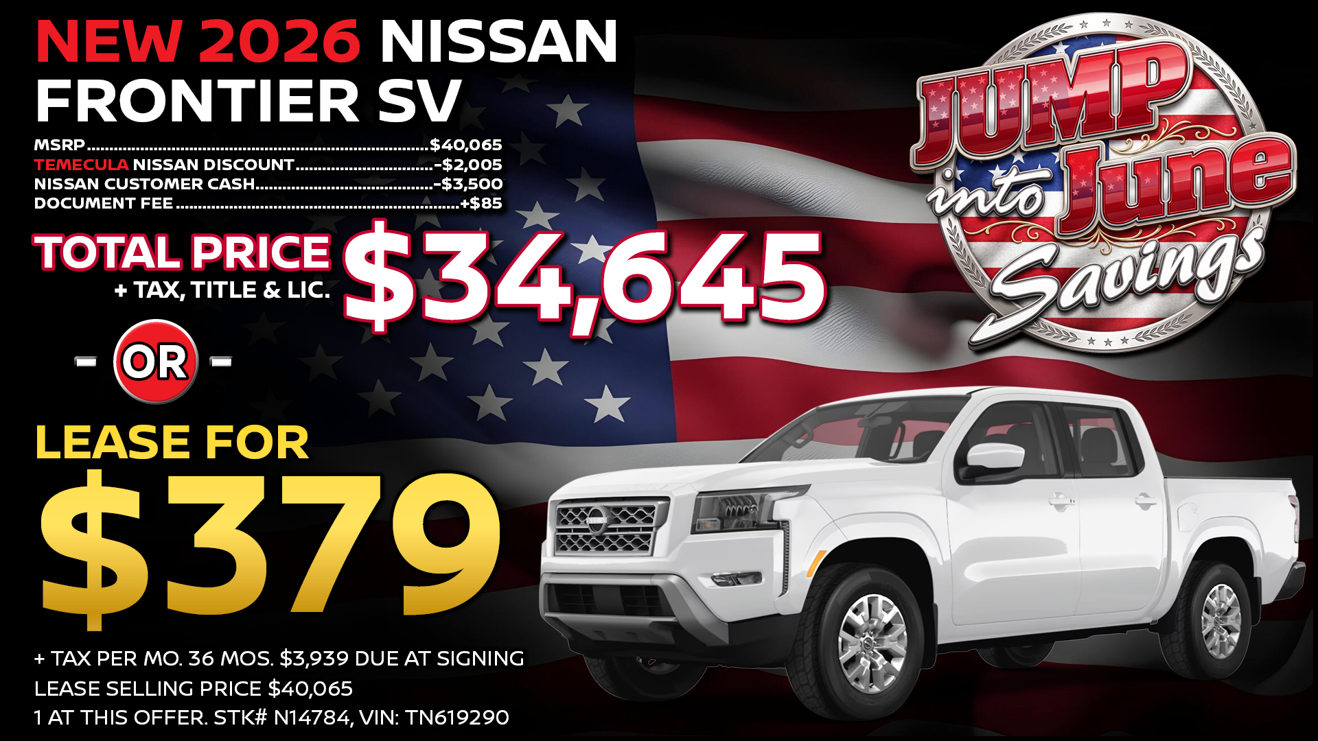 2026 Nissan Frontier SV Dark Armor Lease Special