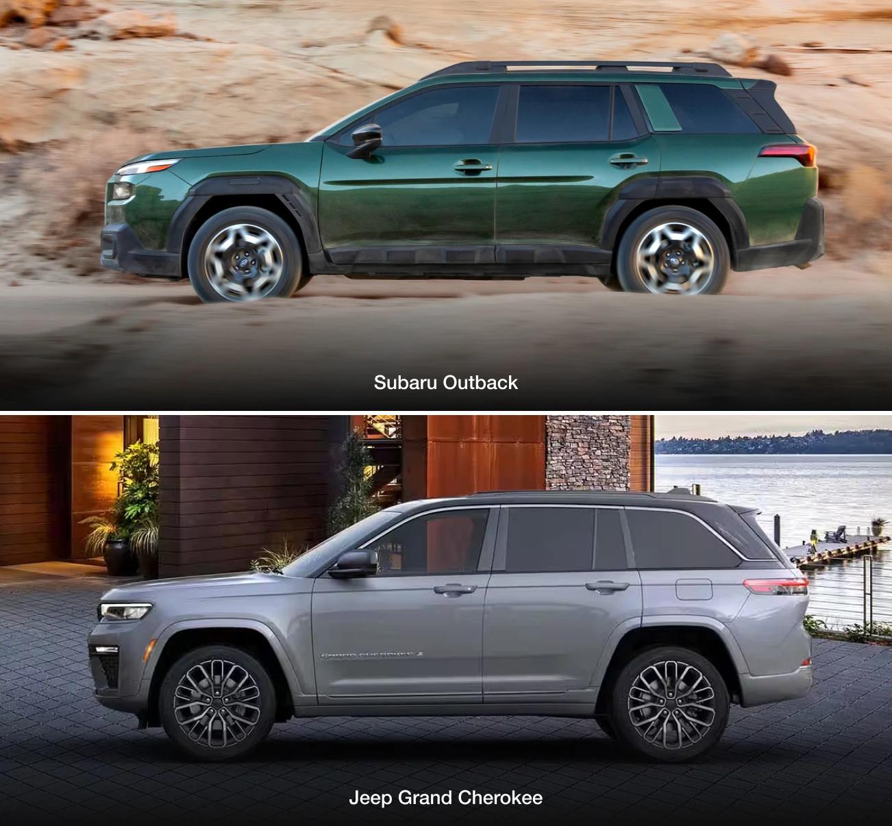 Split image showcasing a Green Subaru Outback driving on a sandy terrain and a Silver Jeep Grand Cherokee parked near a modern house.