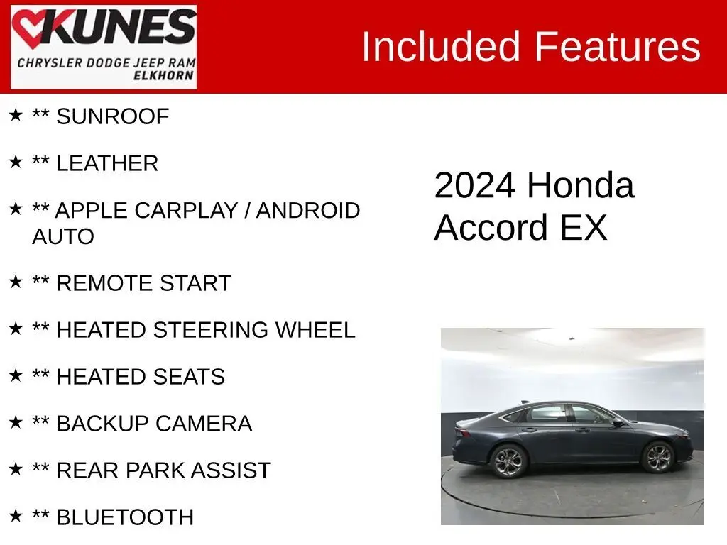 Used 2024 Honda Accord EX with VIN 1HGCY1F31RA074226 for sale in Elkhorn, WI