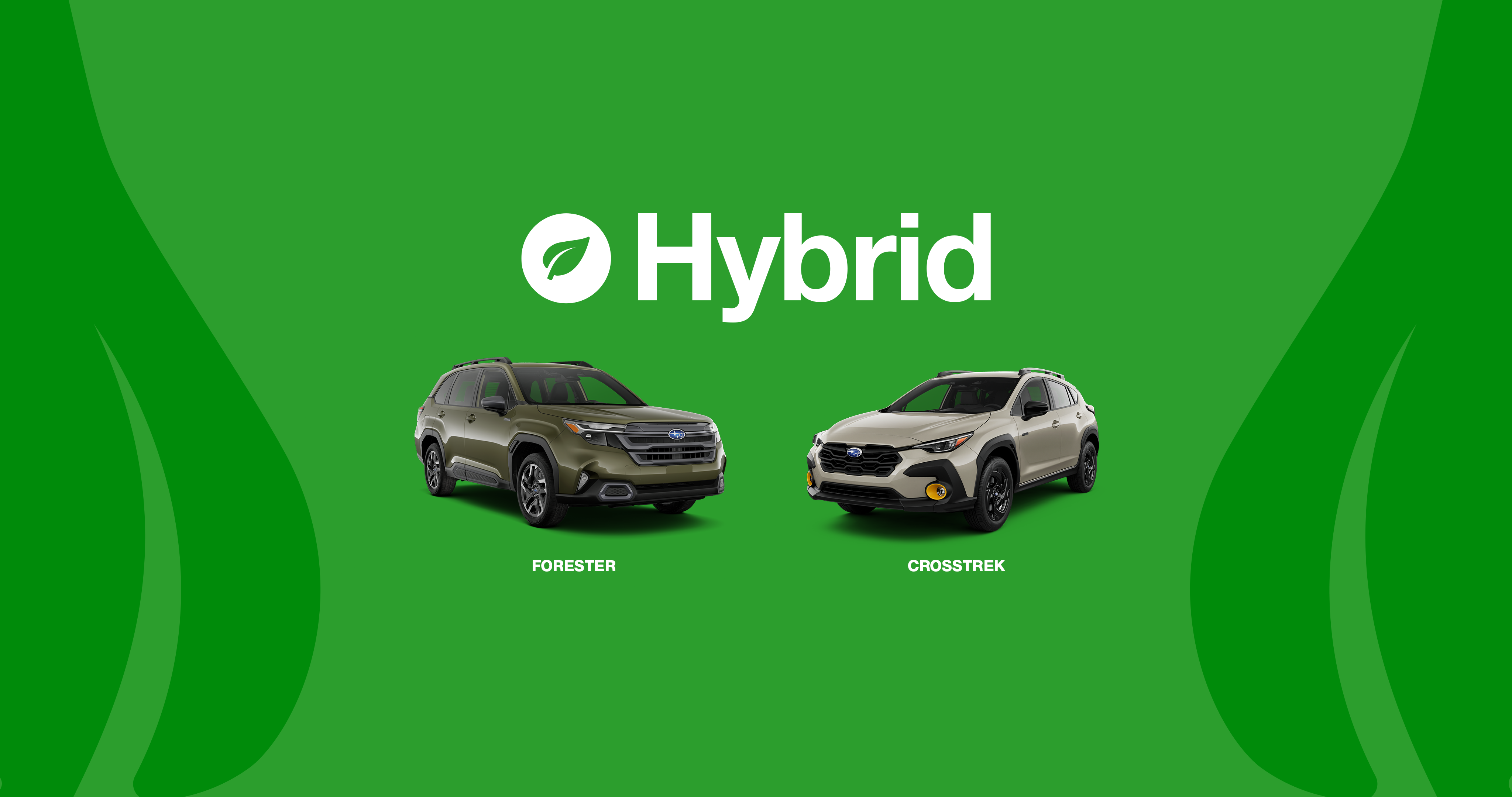 Two Subaru hybrid vehicles displayed on a green background with the word ‘Hybrid’ and a leaf icon above them. 