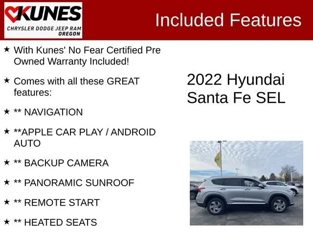 Used 2022 Hyundai Santa Fe SEL with VIN 5NMS3DAJ6NH442173 for sale in Oregon, IL