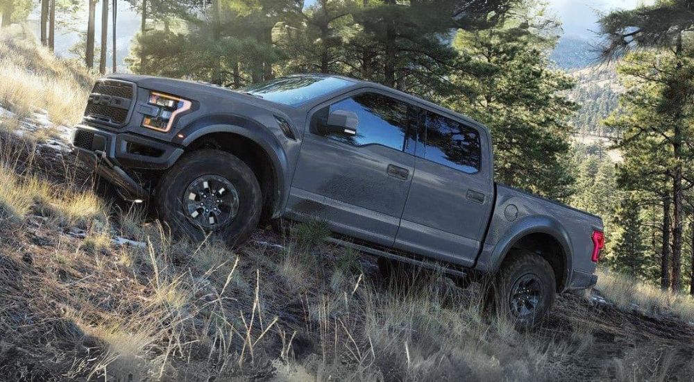 Grey 2018 Ford F-150 Raptor driving on a trail