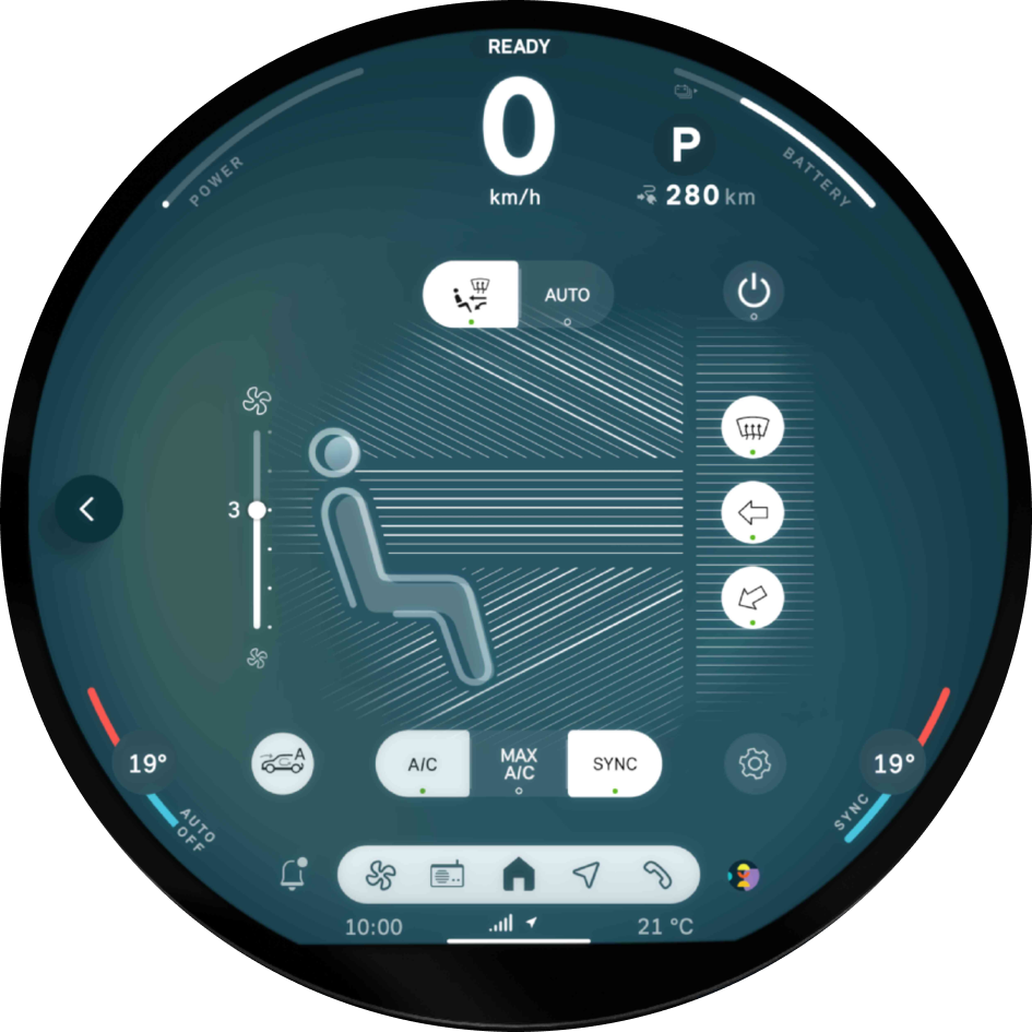 A close -up of the 9.4” circular OLED display screen.