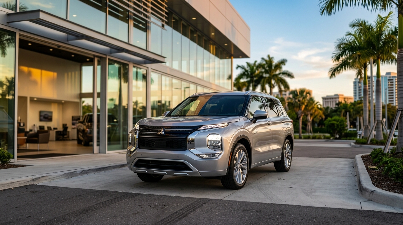 A silver Mitsubishi Outlander parked in front of a modern glass dealership building at sunset.