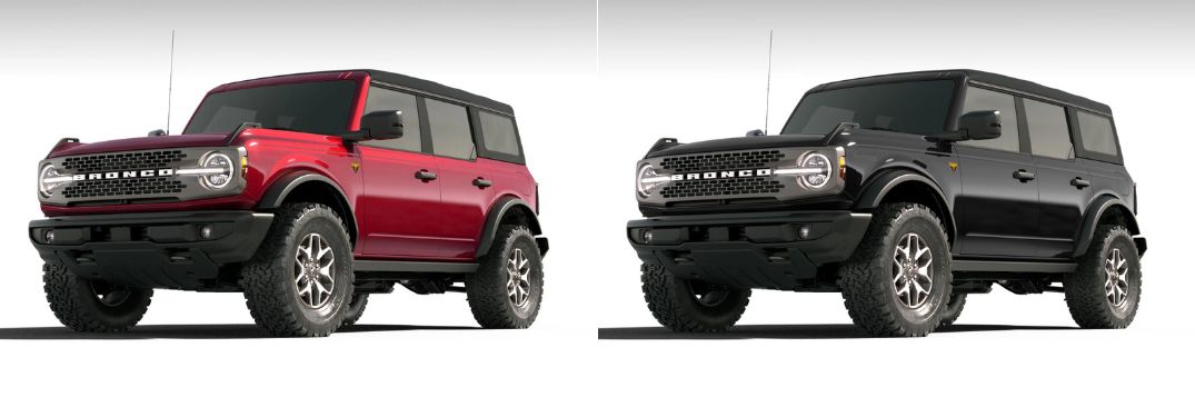 Ruby Red Metallic and Shadow Black 2025 Ford Bronco on White Background