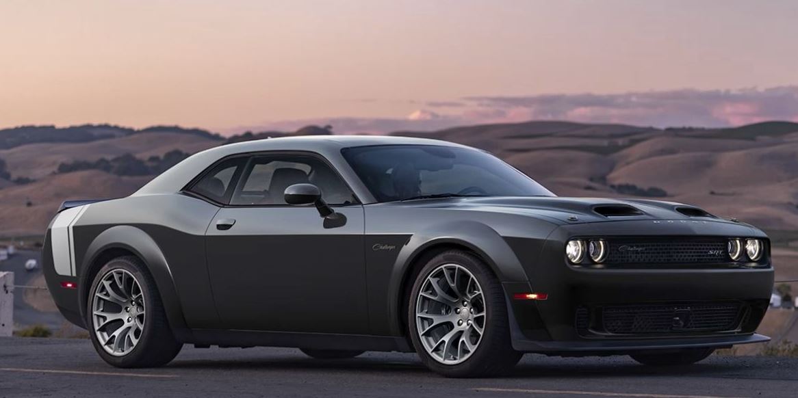 Pitch Black 2023 Dodge Challenger Black Ghost with racing stripe across the width of the trunk