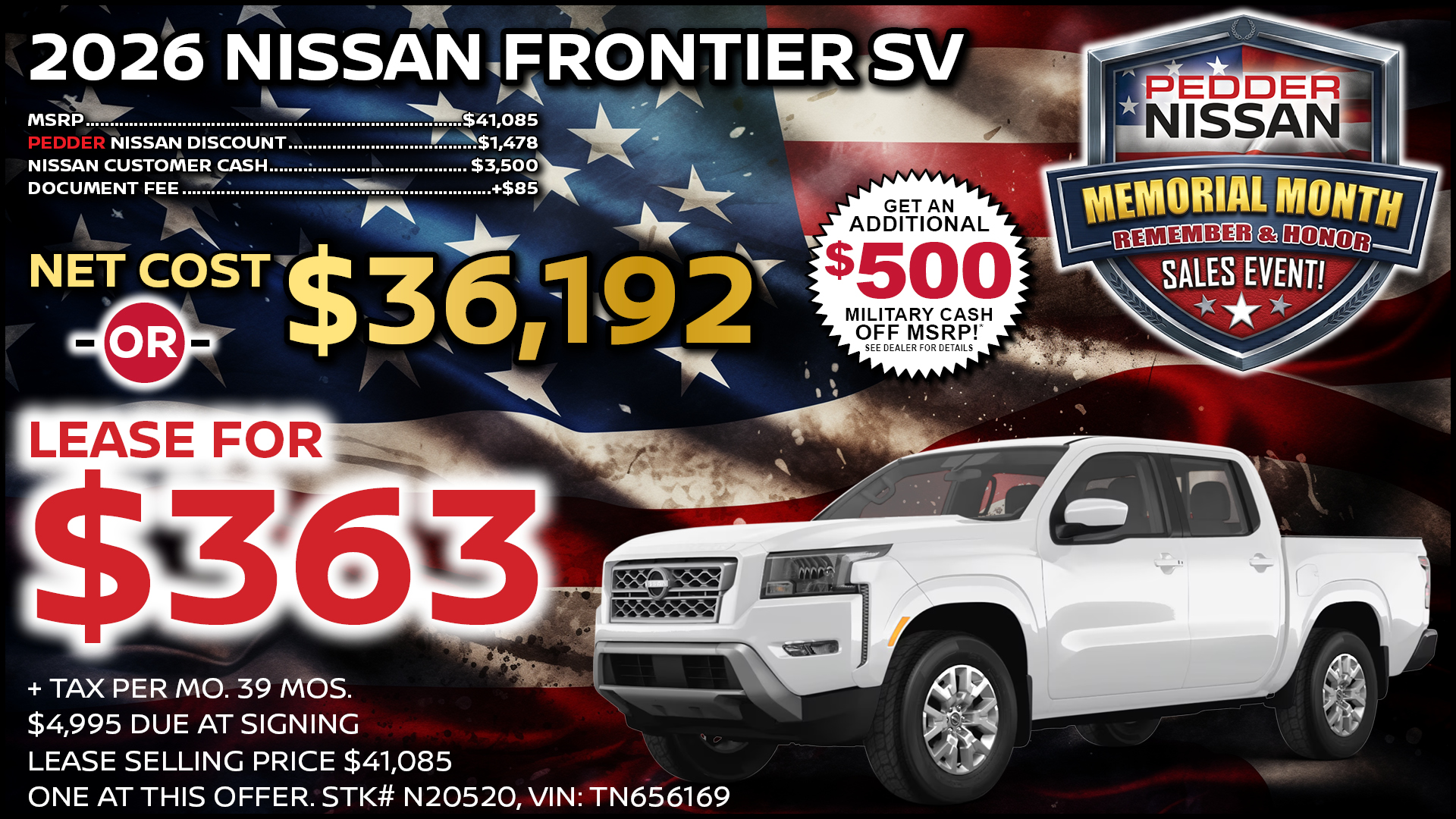2026 Nissan Frontier SV Crew Cab Lease Special