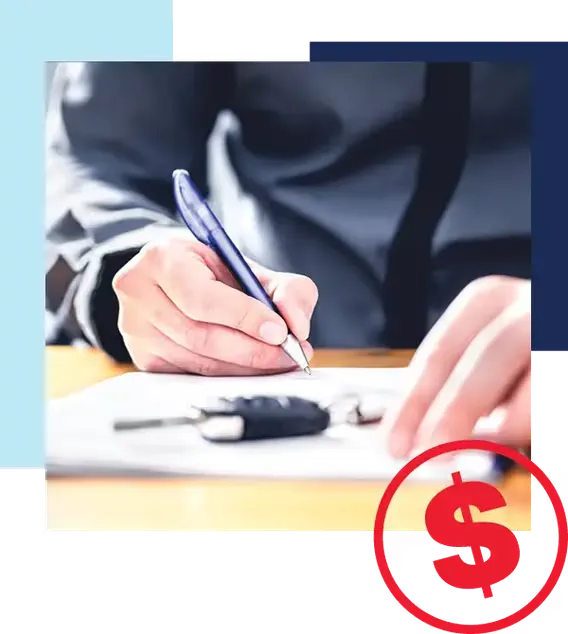 We'll buy your vehicle even if you don't buy one of ours. Man signing paperwork with car keys on top. Red dollar sign icon in lower right corner.