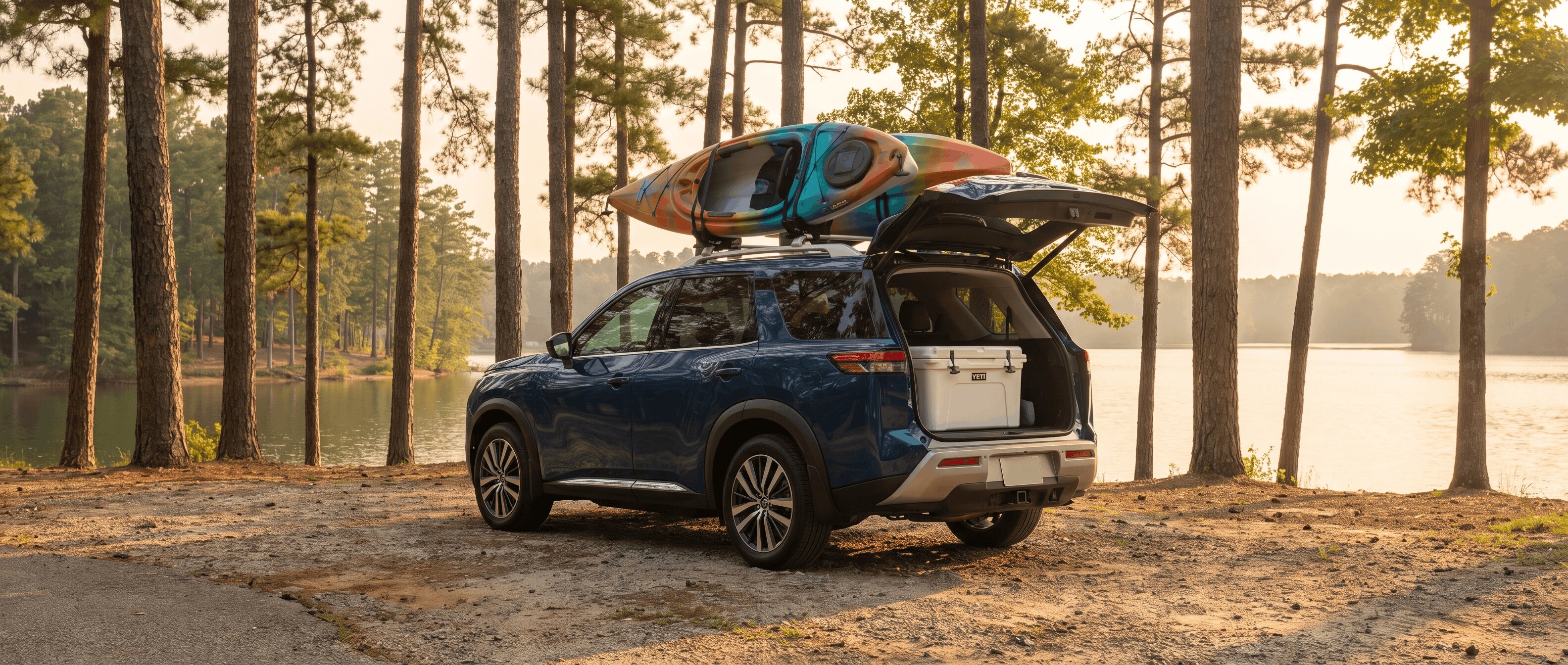 2026 Nissan Pathfinder at a Lake Allatoona day-use area with outdoor gear loaded in back