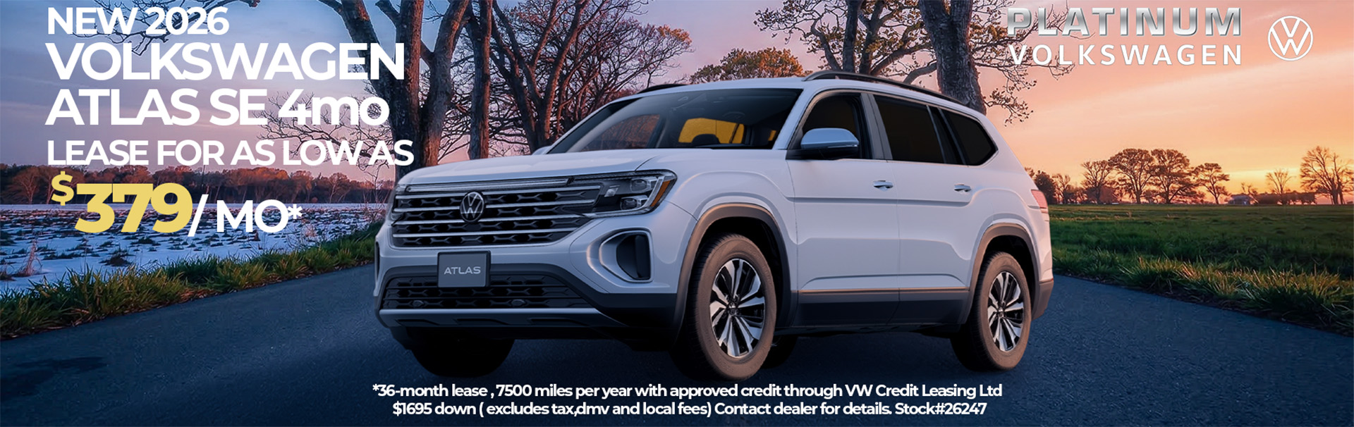2026 Volkswagen Atlas SE SUV lease offer $379 per month at Platinum Volkswagen dealership in Hicksville Long Island NY