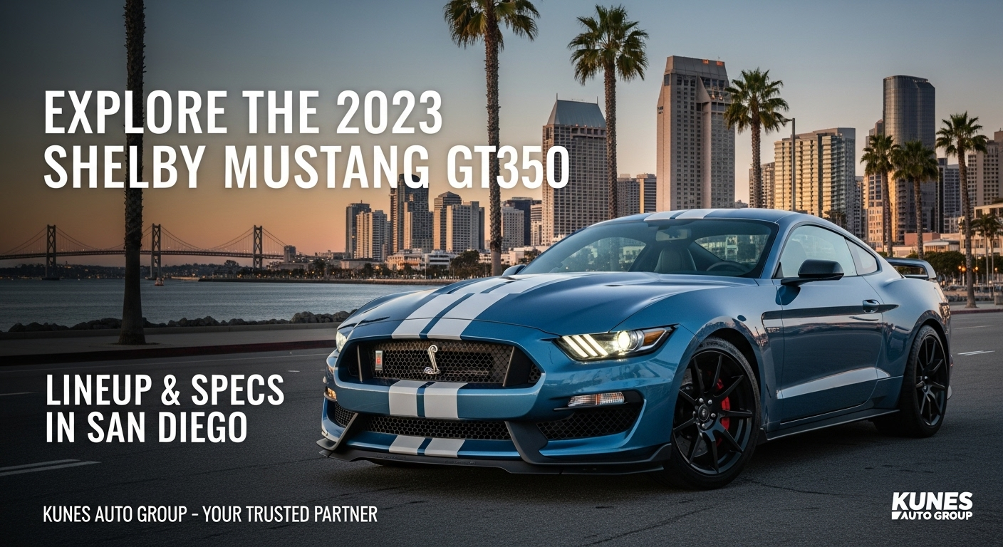 Explore the 2023 Shelby Mustang GT350 lineup and specs in San Diego. Discover the latest trims, features, and delivery options available with Kunes Auto Group, your trusted partner for high-performance vehicles.