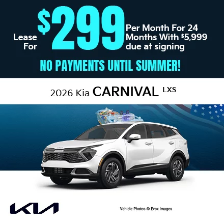 2026 Kia Carnival LXS  Lease for $299 per month for 24 months with $5,999 due at signing