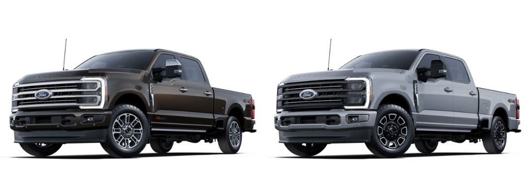 Darkened Bronze Metallic and Carbonized Gray Metallic 2025 Ford Super Duty Models on White Background