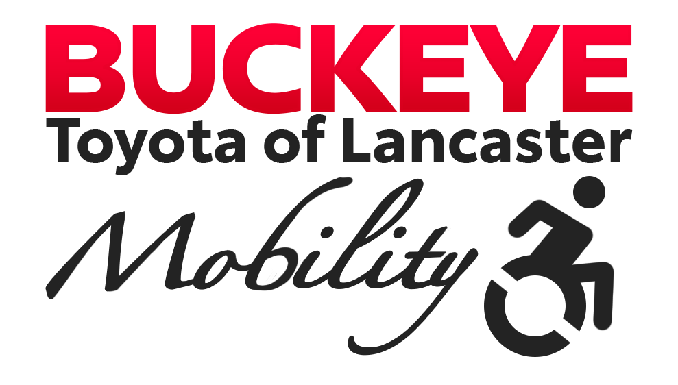 Logo for Buckeye Toyota of Lancaster Mobility, featuring bold red and black text with a stylized wheelchair accessibility icon.