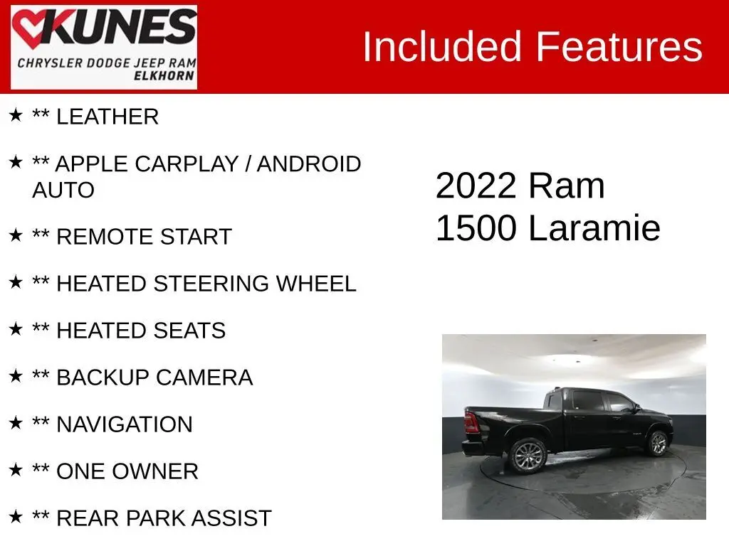 Used 2022 RAM Ram 1500 Pickup Laramie with VIN 1C6SRFJT1NN225121 for sale in Elkhorn, WI