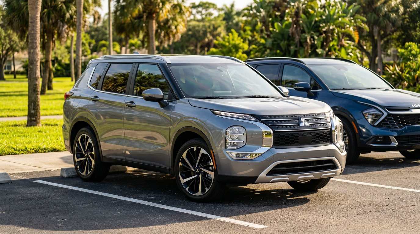 Silver Mitsubishi Outlander SUV parked in a sunny parking lot next to a blue car. (Representative image for illustration purposes only. Actual vehicle may vary based on trim and configuration.)