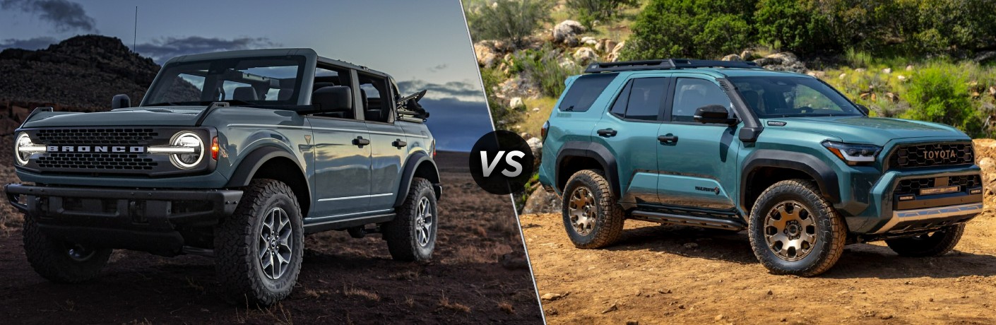 Blue 2024 Ford Bronco without Roof in Desert at Night vs Green 2025 Toyota 4Runner on a Desert Trail