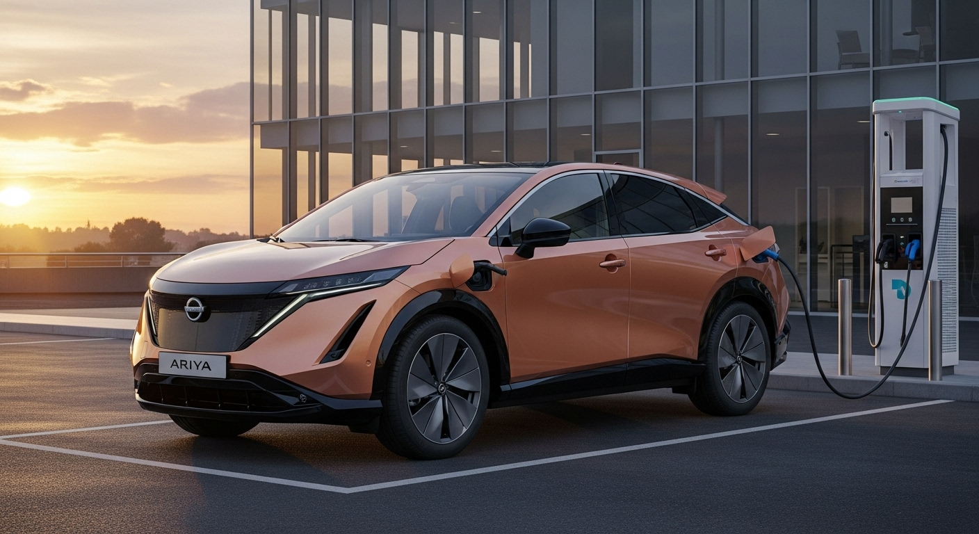 Front three-quarter view of a copper Nissan Ariya electric SUV parked at a modern DC fast-charging station outside a glass building at sunset, highlighting its aerodynamic crossover shape, LED lighting, and zero-emission capability.