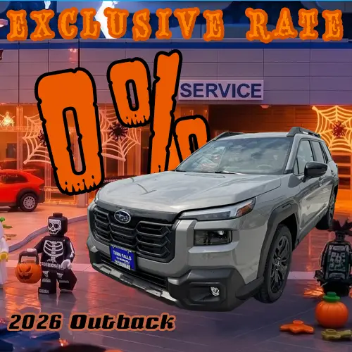 0% for up to 72 months on ALL New (in stock) 2026Subaru Outbacks this October at Twin Falls Subaru, for well qualified applicants.