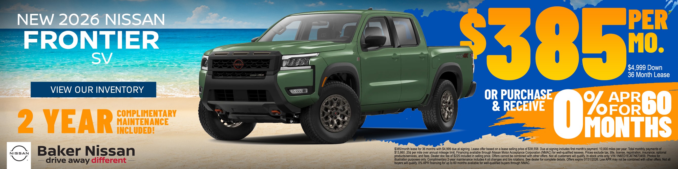 2026 Nissan Frontier SV at Baker Nissan in Houston featuring $385 per month lease, 0% APR financing for 60 months, and complimentary 2-year maintenance.